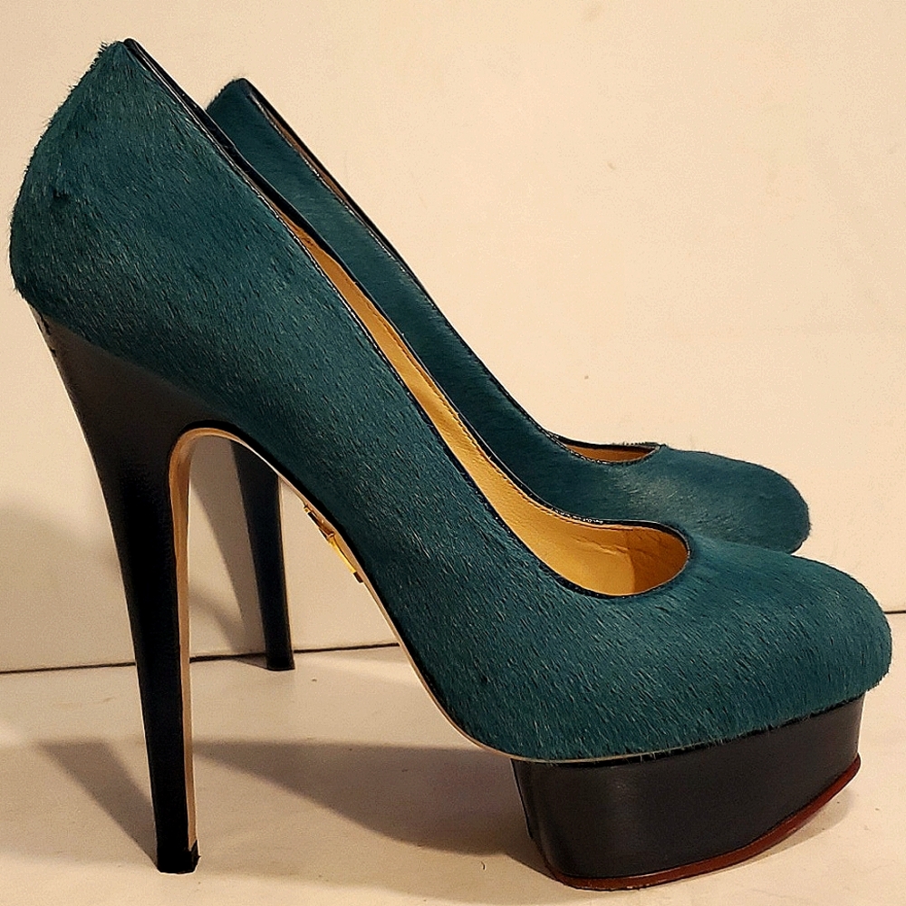 Charlotte Olympia Dolly Pony-Style Calfskin Heels In Green Size 8